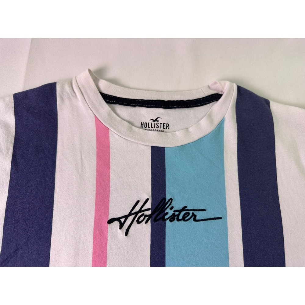 Hollister Vertical Striped Shirt Mens Medium Pink Blue Navy White‎ Y2K Prep Surf